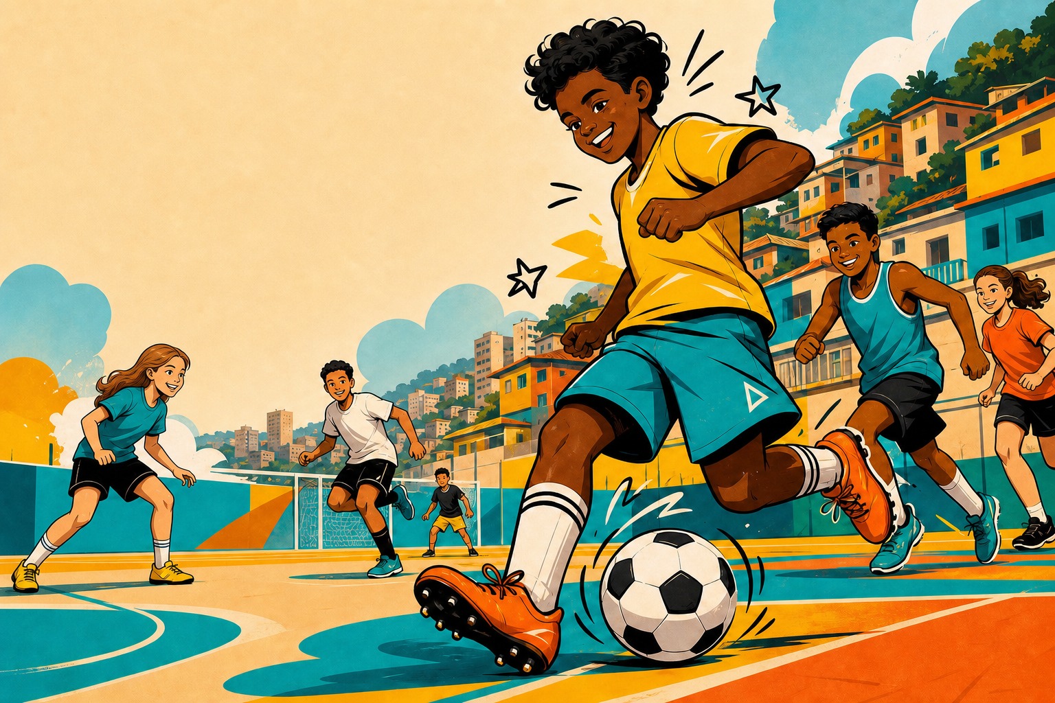 Ilustração colorida de crianças jogando futebol em uma quadra de comunidade.