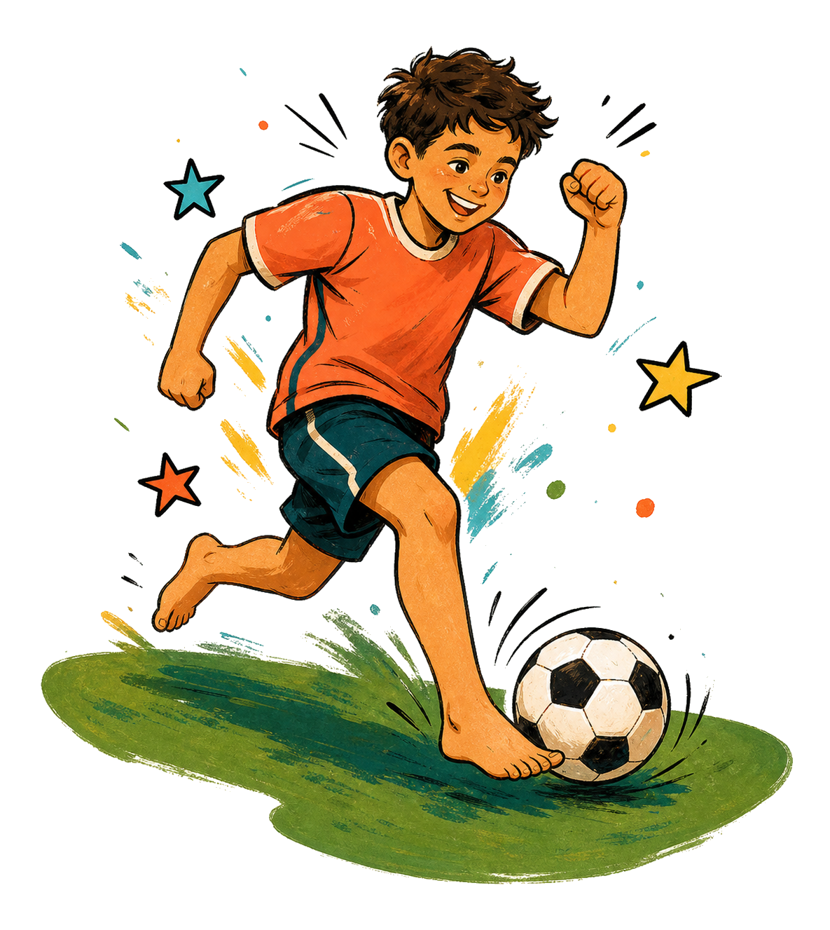 Ilustração de menino jogando futebol descalço.