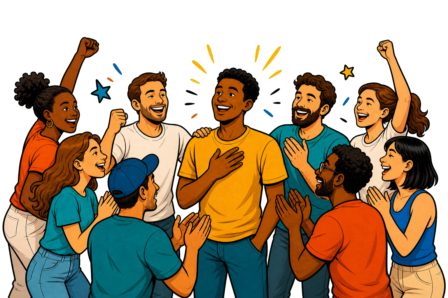 Ilustração de pessoas adultas celebrando uma pessoa que doou para o projeto.